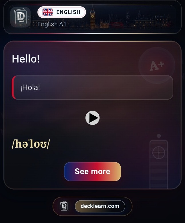 Respuesta real de una tarjeta de Inglés A1 con traducción al español, audio y pronunciación